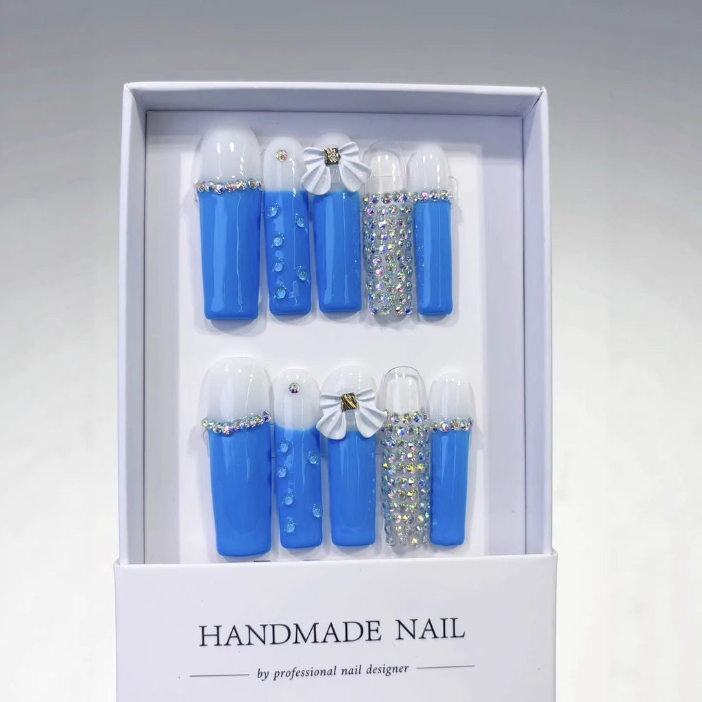Azure Bow: "Ocean Bow" – Long Square Press-On Nails