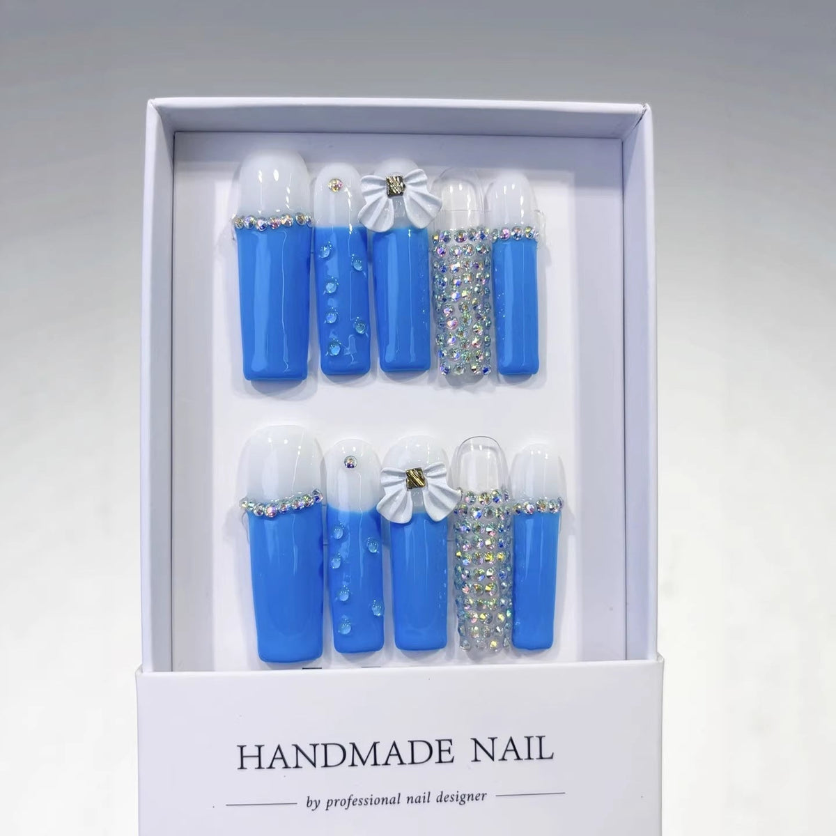 Azure Bow: "Ocean Bow" – Long Square Press-On Nails