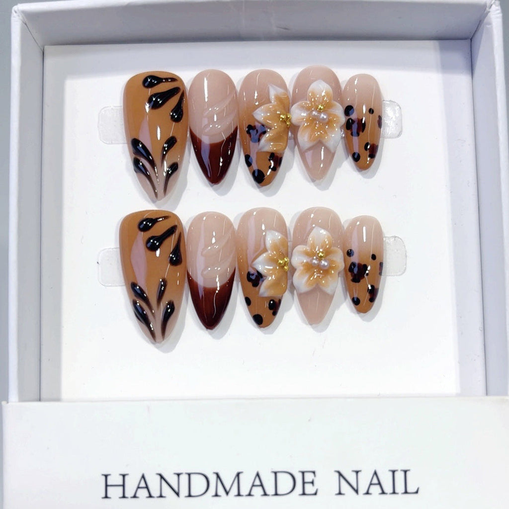 Amber Bloom Leopard & Flower Long Almond Handmade Press On Nails
