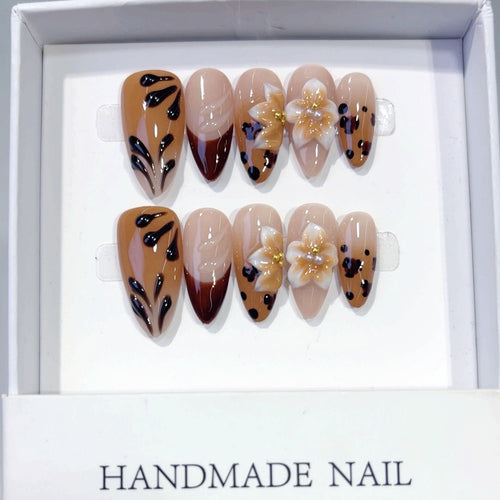 Amber Bloom Leopard & Flower Long Almond Handmade Press On Nails