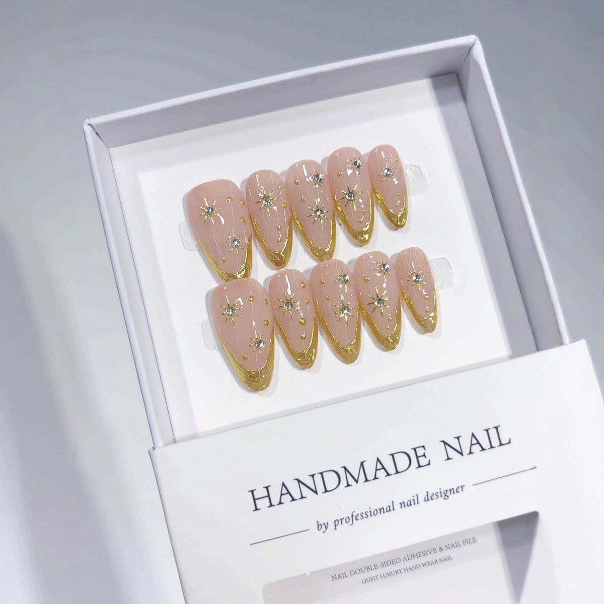 Celestial Gold: "Starry French Glow" – Almond Shape Handmade Press-Ons