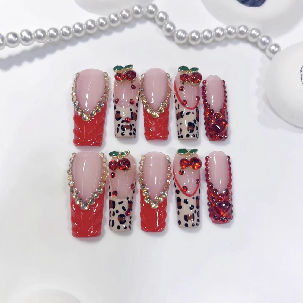 Cherry Crush: "Red Cherry" – Long Square Press-On Nails