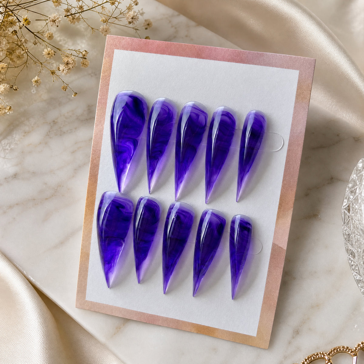 Amethyst Flow Dragon Claw Stiletto Press On Nails – Purple Marble Jelly