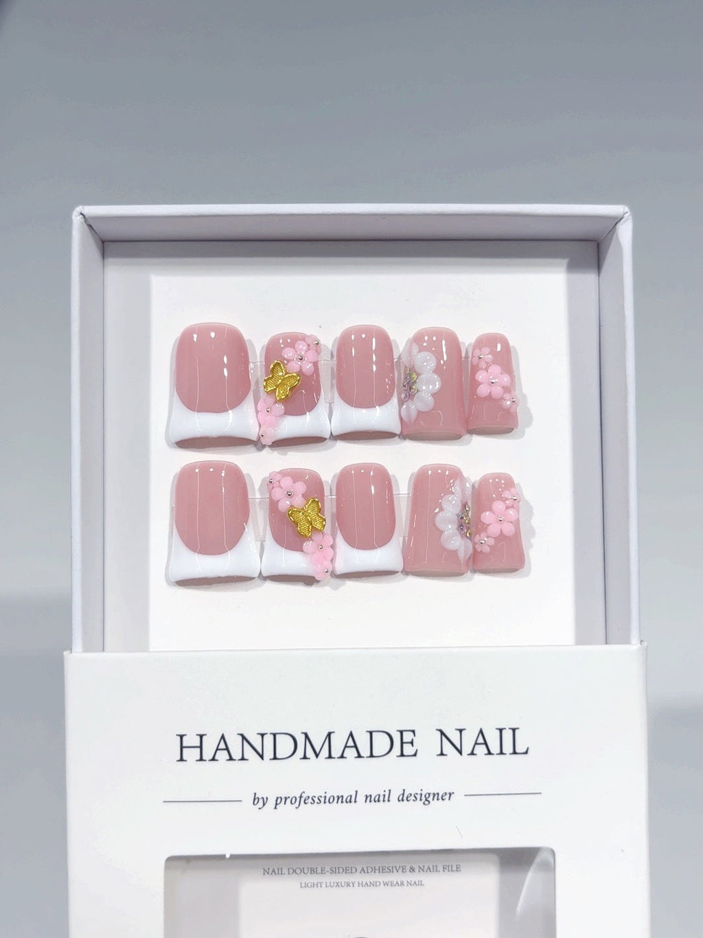 Blush Floral: "Pink Cherry French" – Short Square Handmade Press-Ons