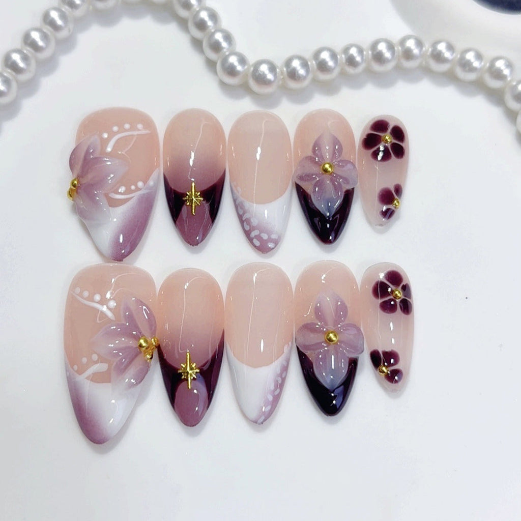 Purple Floral Almond Press-On Nails | Plum Blossom Gradient