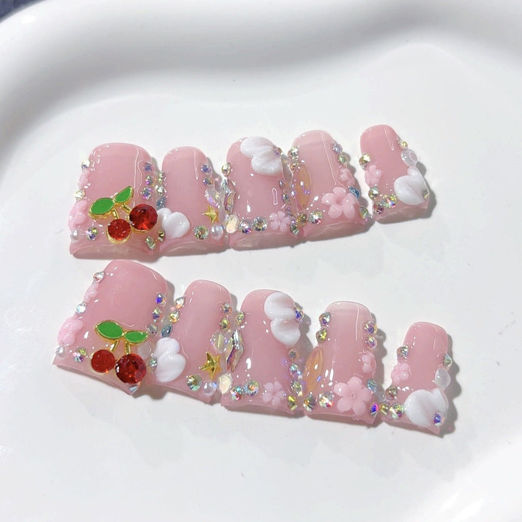 Cherry Sweet: "Sparkle Cherry Cloud" – Square Press-On Nails