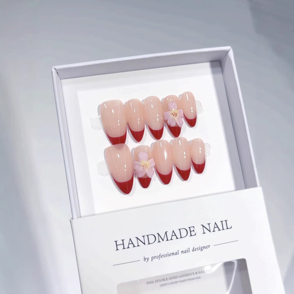 Cherry Blossom French: "Nude Red Flower" – Short Square Shape Handmade Press-On Nails