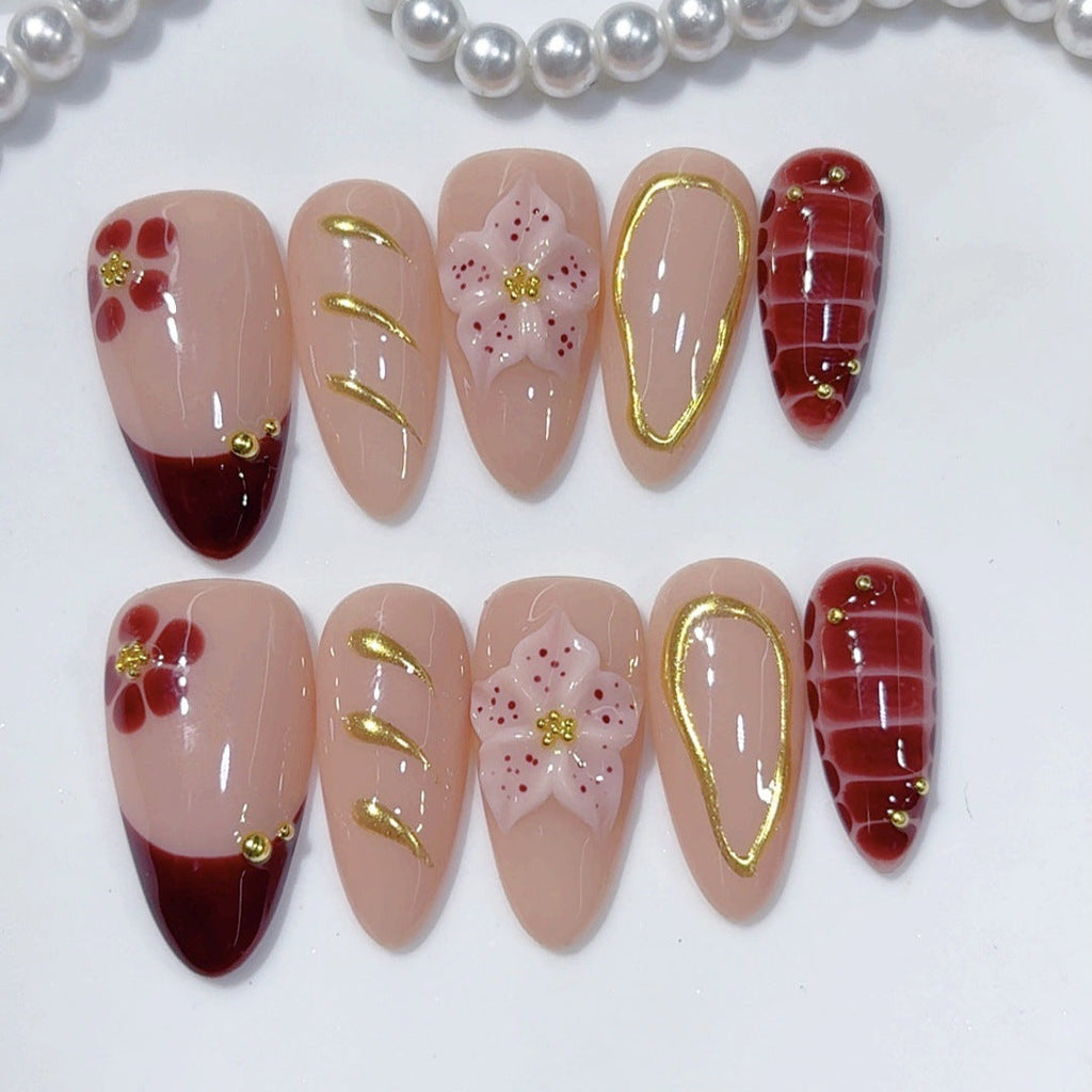 Cherry Blossom: "Crimson Sakura" – Almond Shape Press-On Nails