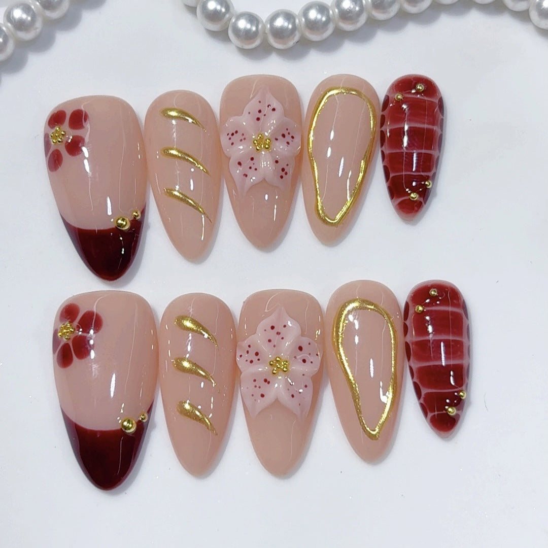 Cherry Blossom: "Crimson Sakura" – Almond Shape Press-On Nails