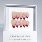 Cherry Blossom French: "Nude Red Flower" – Short Square Shape Handmade Press-On Nails