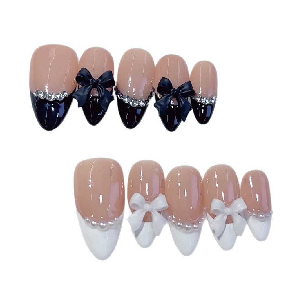 Classic Bow: "Black & White French" – Almond Press-On Nails