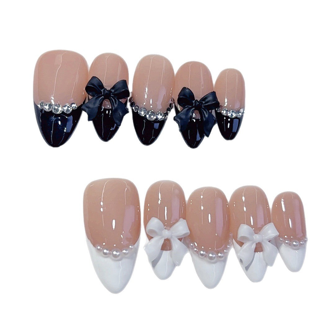 Classic Bow: "Black & White French" – Almond Press-On Nails