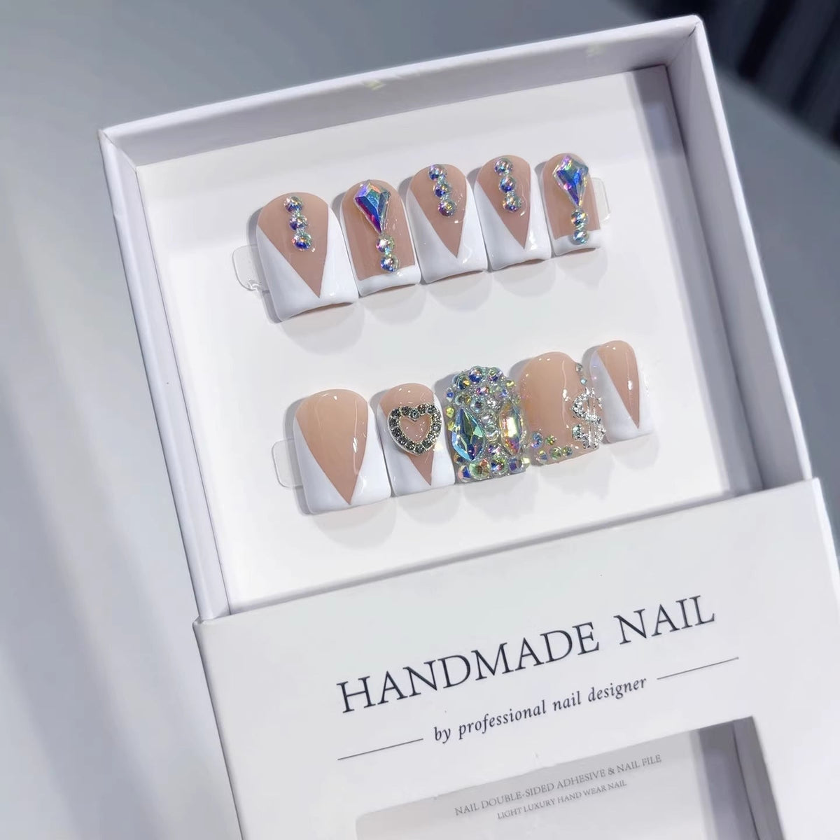 Diamond V-Luxe Short Square Nude V-French Rhinestone Press-On Nails