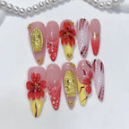 Crimson Gold: "Scarlet Bloom Opulence" – Almond Shape Handmade Press-Ons