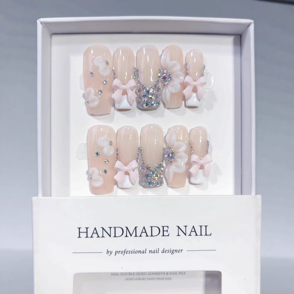 Coquette Bow Dream: "Pink & White" – Square Press-On Nails