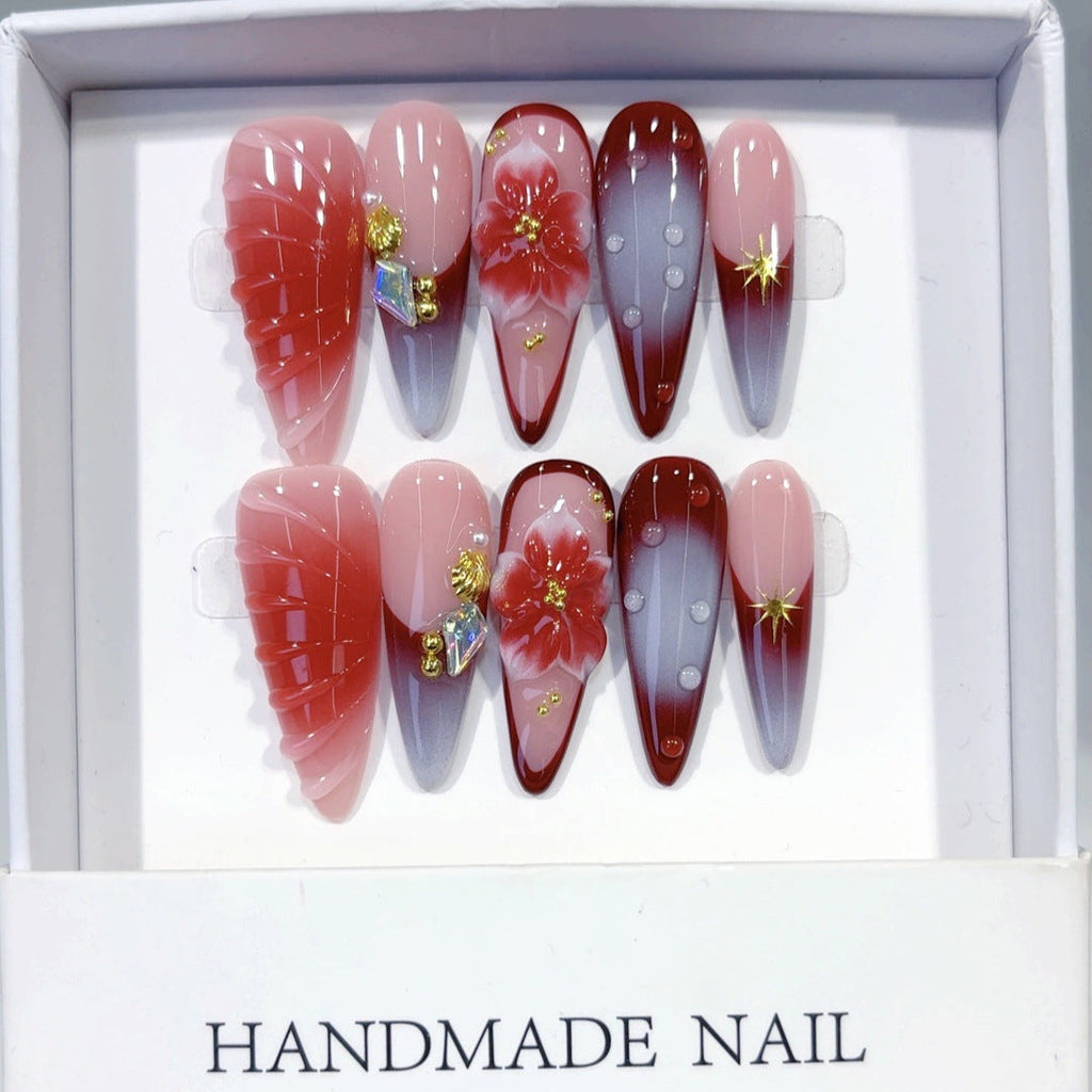 Crimson Bloom: "Red Petal" – Long Almond Handmade Press On Nails