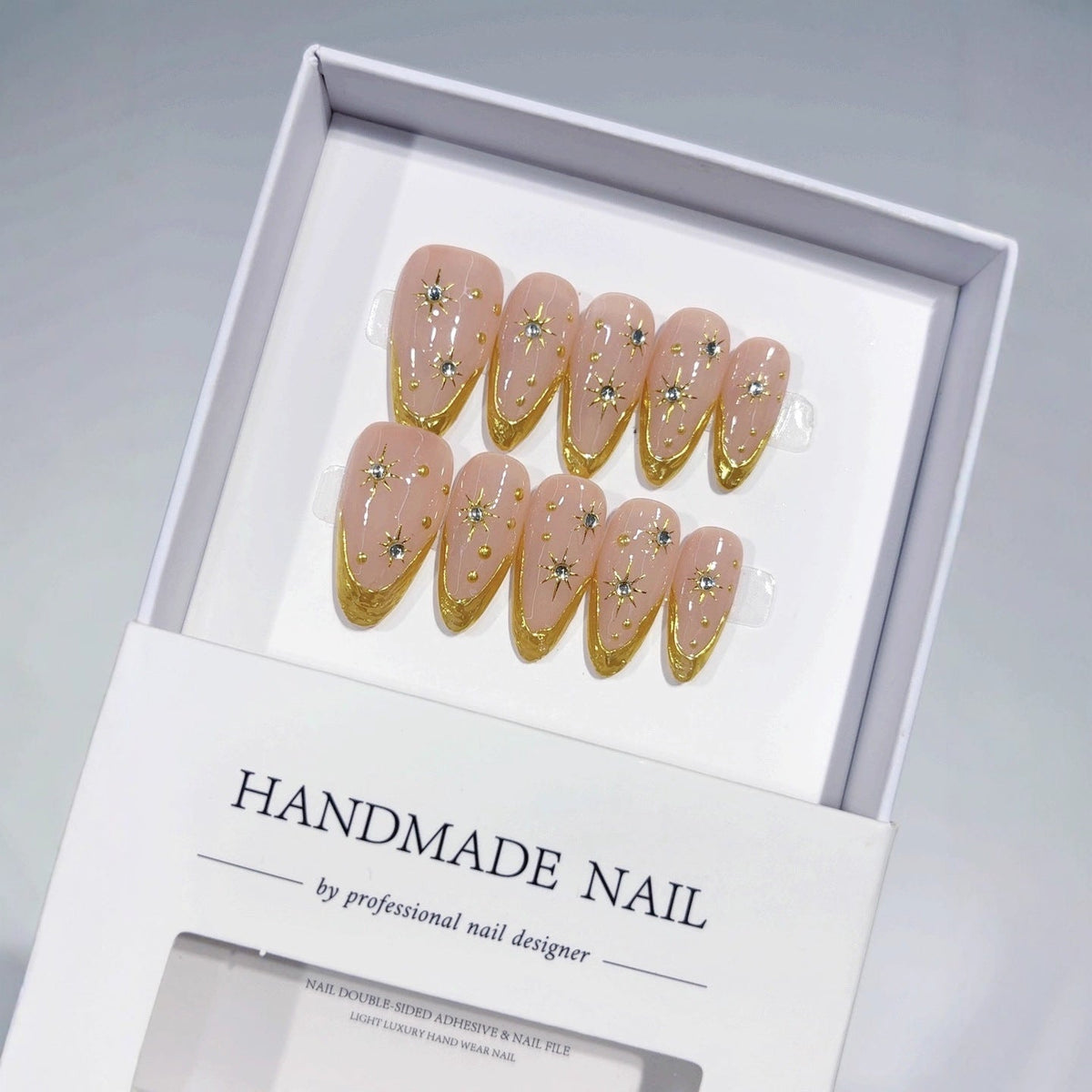 Celestial Gold: "Starry French Glow" – Almond Shape Handmade Press-Ons