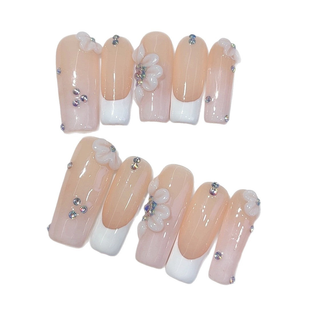 Bridal Glow: "Nude French Flower" – Square Shape Handmade Press-On Nails