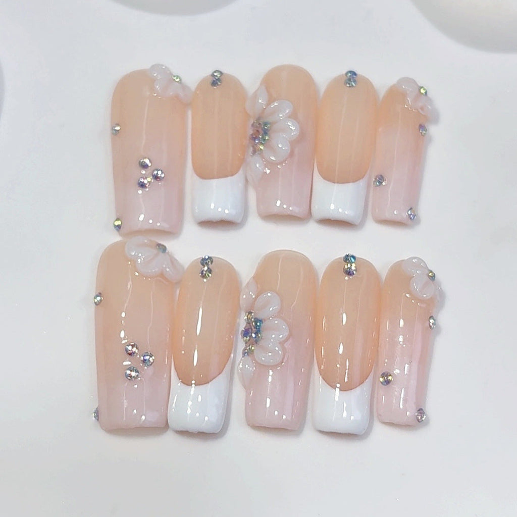Bridal Glow: "Nude French Flower" – Square Shape Handmade Press-On Nails