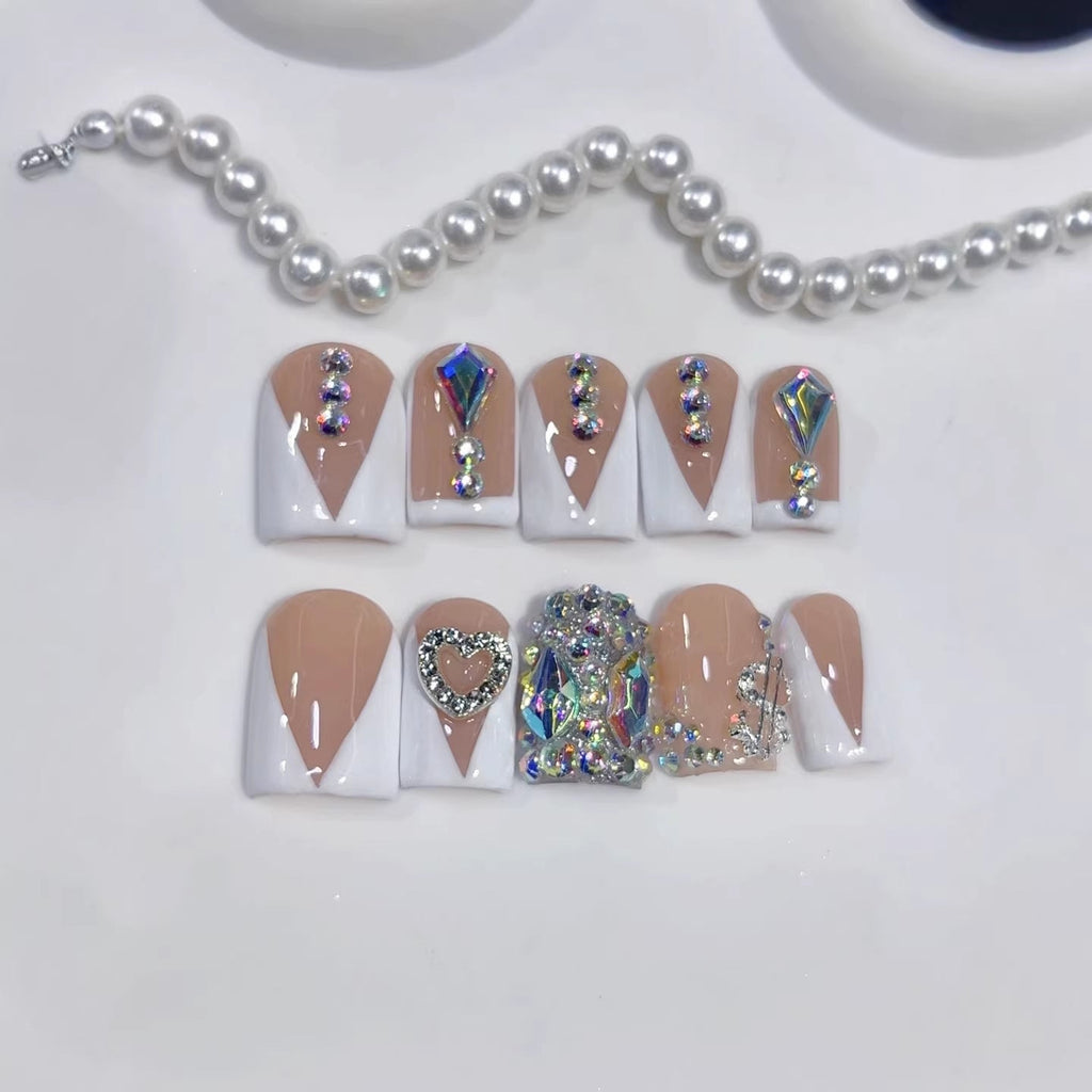 Diamond V-Luxe Short Square Nude V-French Rhinestone Press-On Nails