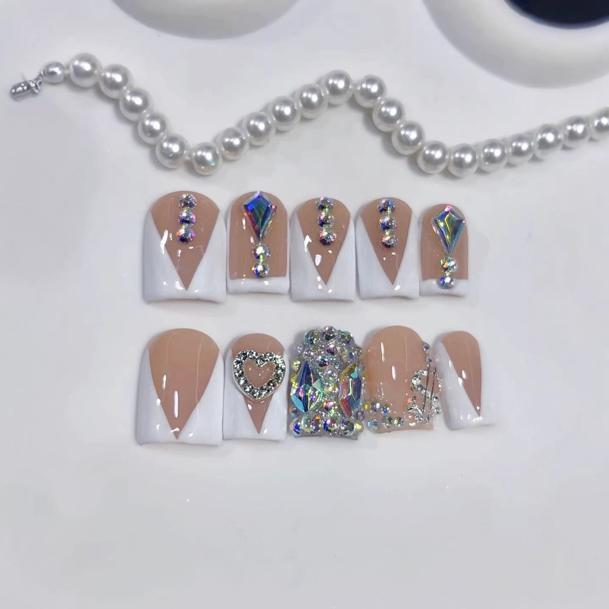 Diamond V-Luxe Short Square Nude V-French Rhinestone Press-On Nails