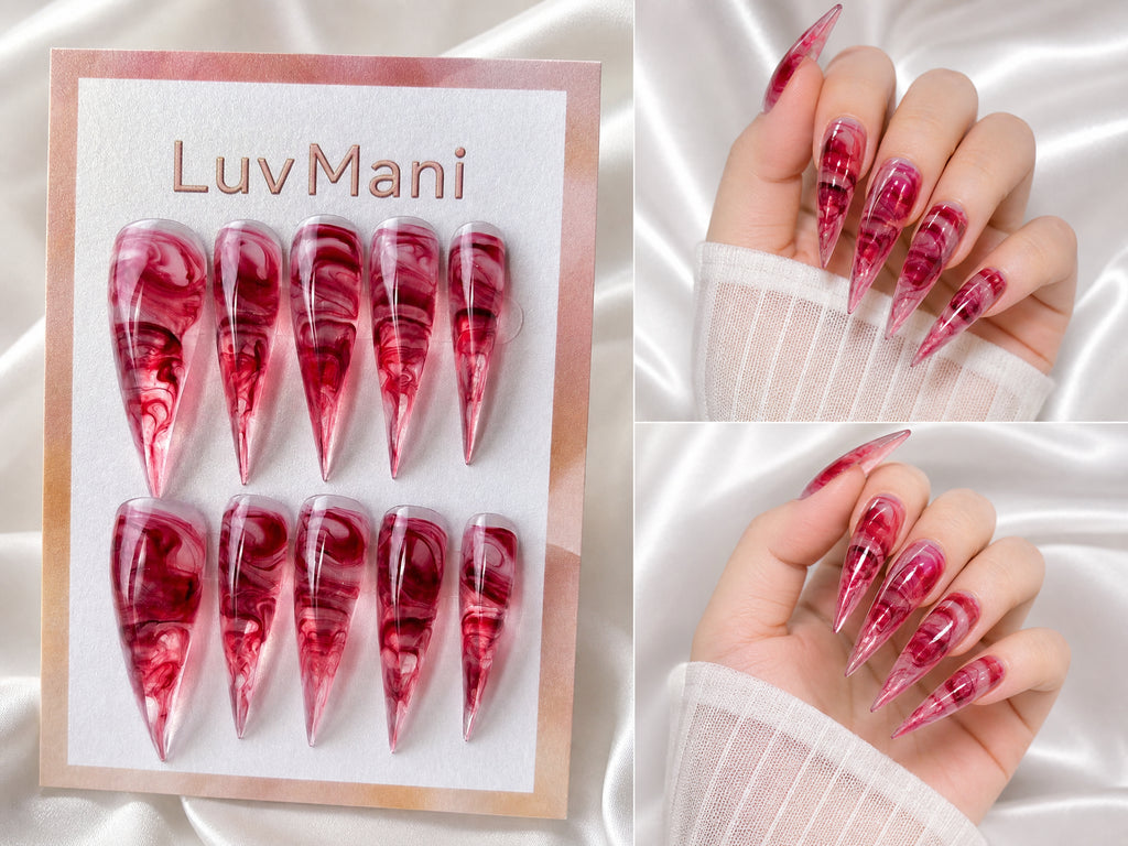 Cranberry Swirl Dragon Claw Stiletto Clear Jelly Red Marble Press-On Nails
