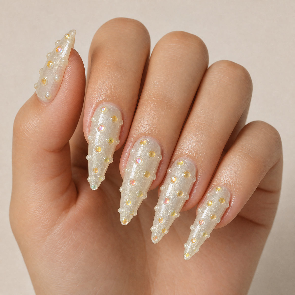 Champagne Jelly Studded Press On Nails – Iridescent Cream Stiletto