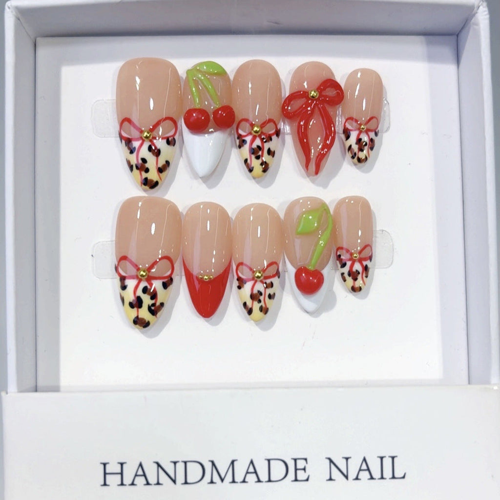 Sweet Cherry: "Leopard Cherry Bow" – Almond Shape Handmade Press-On Nails