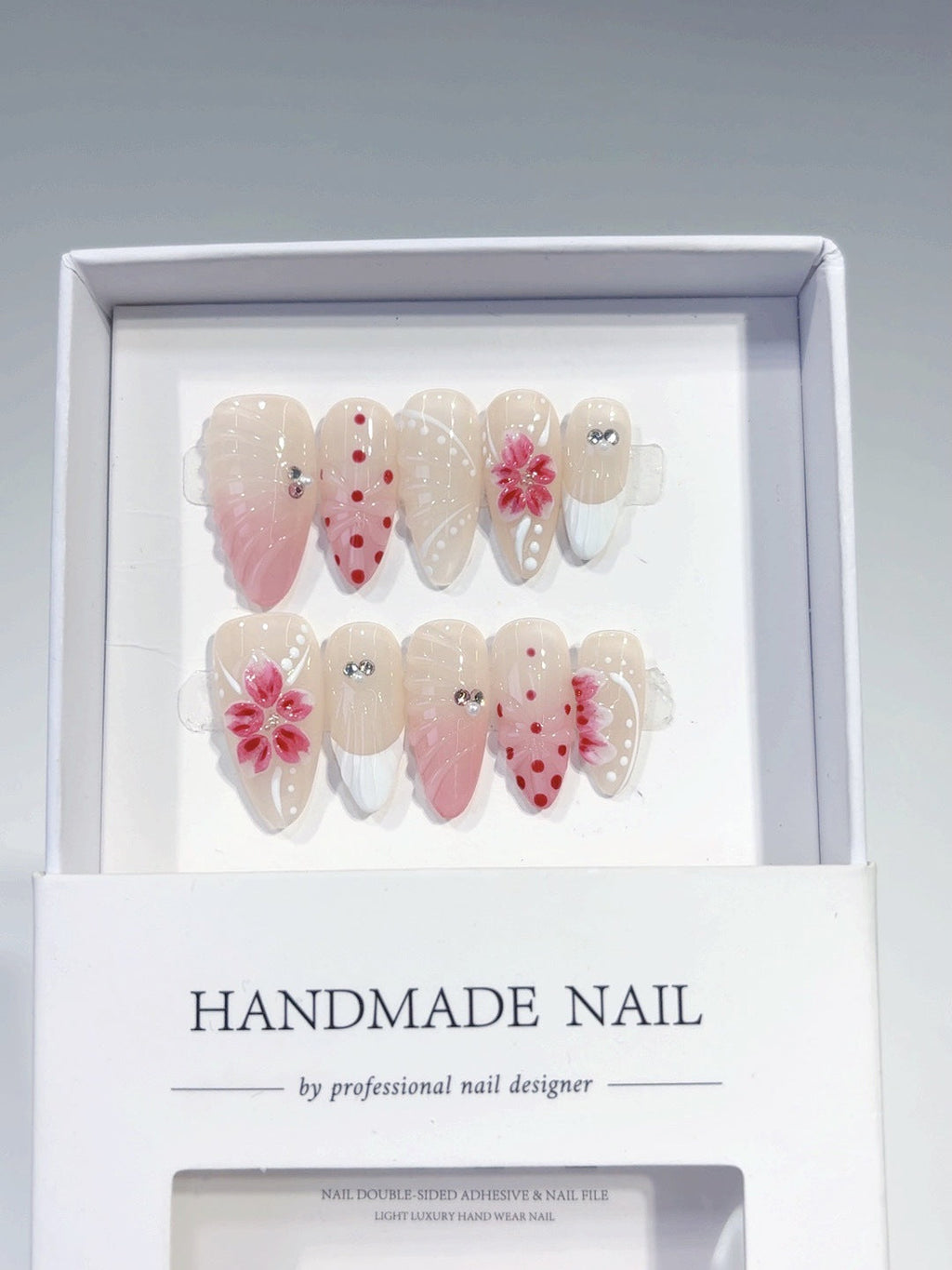 Blush Floral: "Pink Cherry Dots" – Almond Shape Handmade Press-Ons