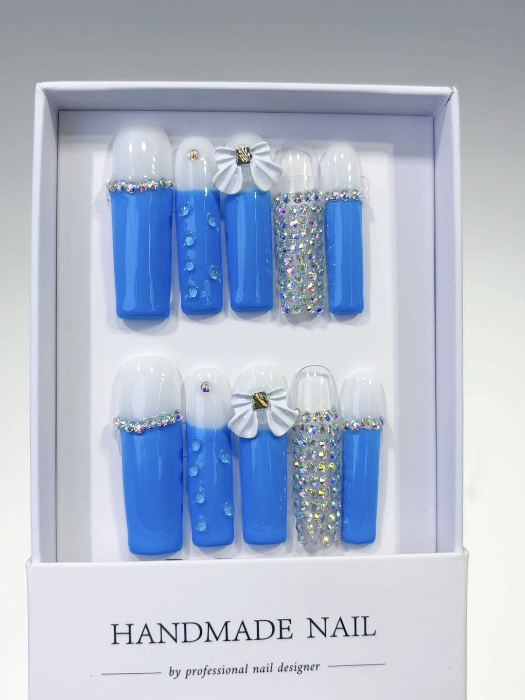 Azure Bow: "Ocean Bow" – Long Square Press-On Nails