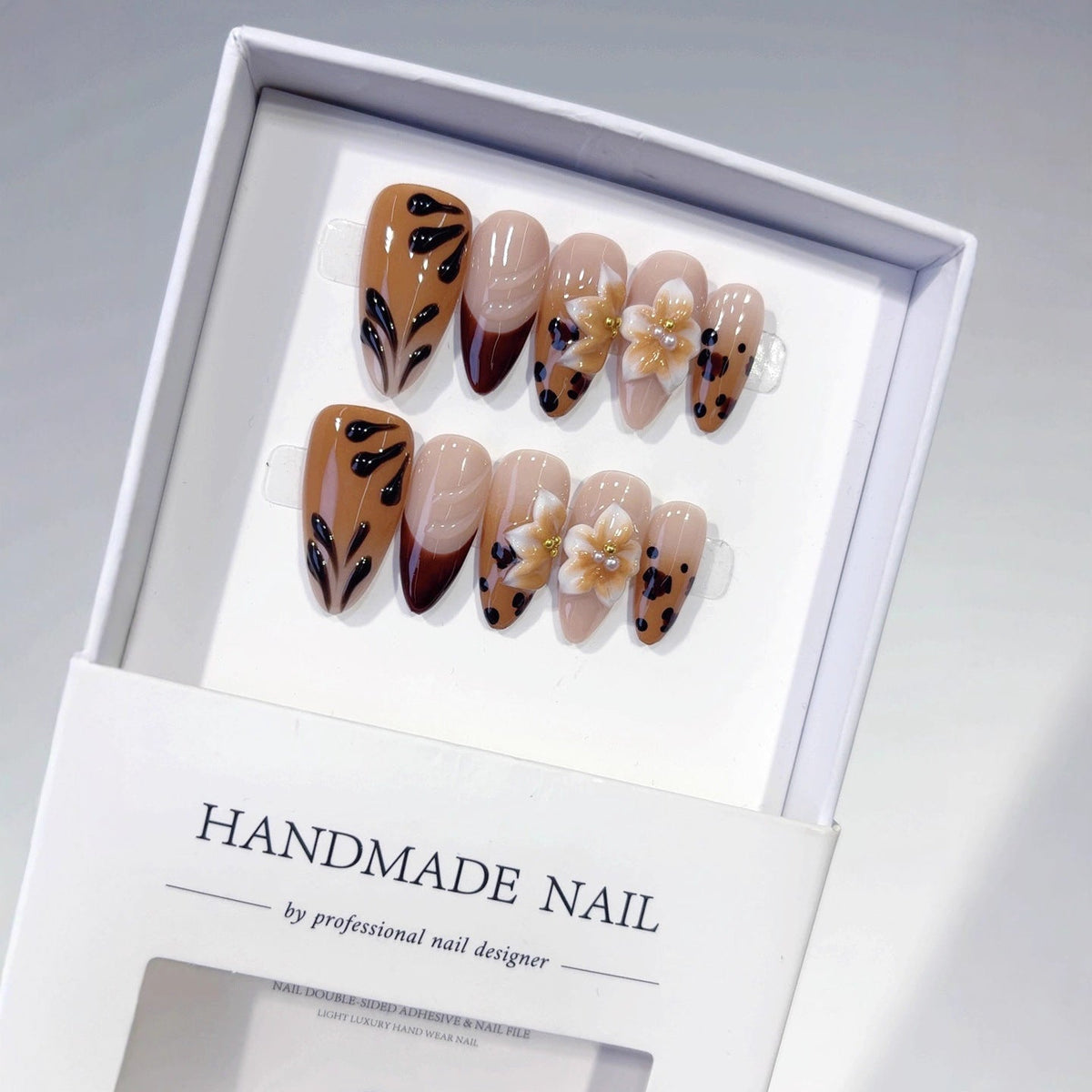 Amber Bloom Leopard & Flower Long Almond Handmade Press On Nails