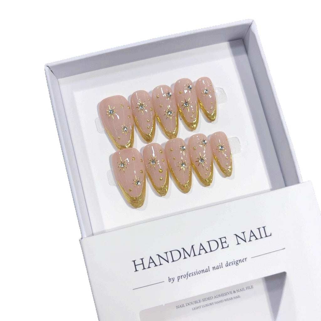 Celestial Gold: "Starry French Glow" – Almond Shape Handmade Press-Ons