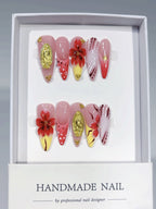 Crimson Gold: "Scarlet Bloom Opulence" – Almond Shape Handmade Press-Ons