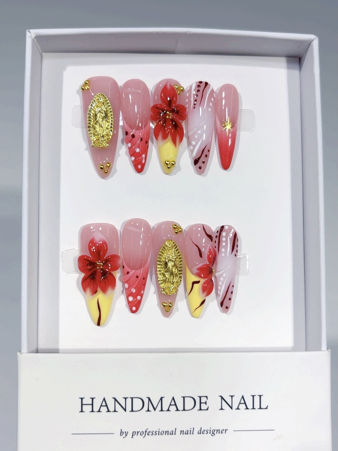 Crimson Gold: "Scarlet Bloom Opulence" – Almond Shape Handmade Press-Ons