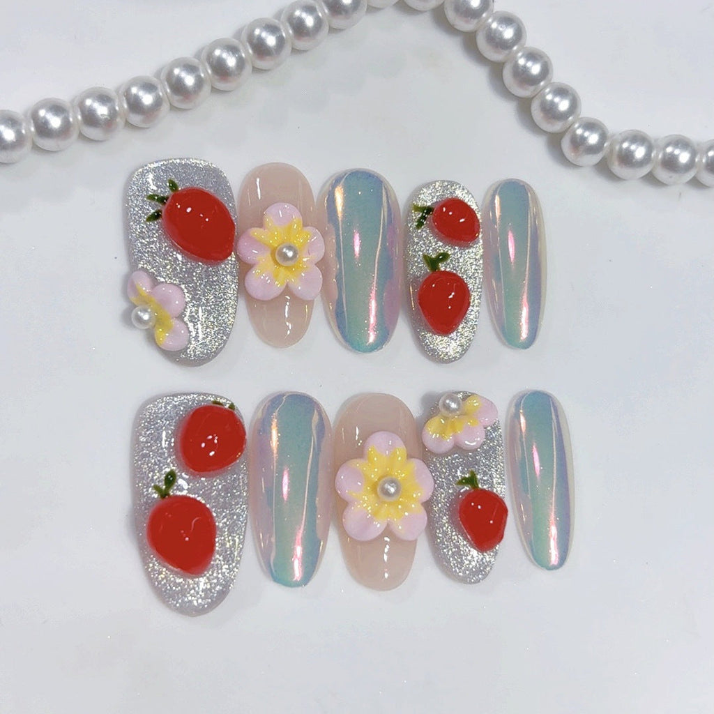 Cherry Berry: "Strawberry & Floral" – Square Press-On Nails