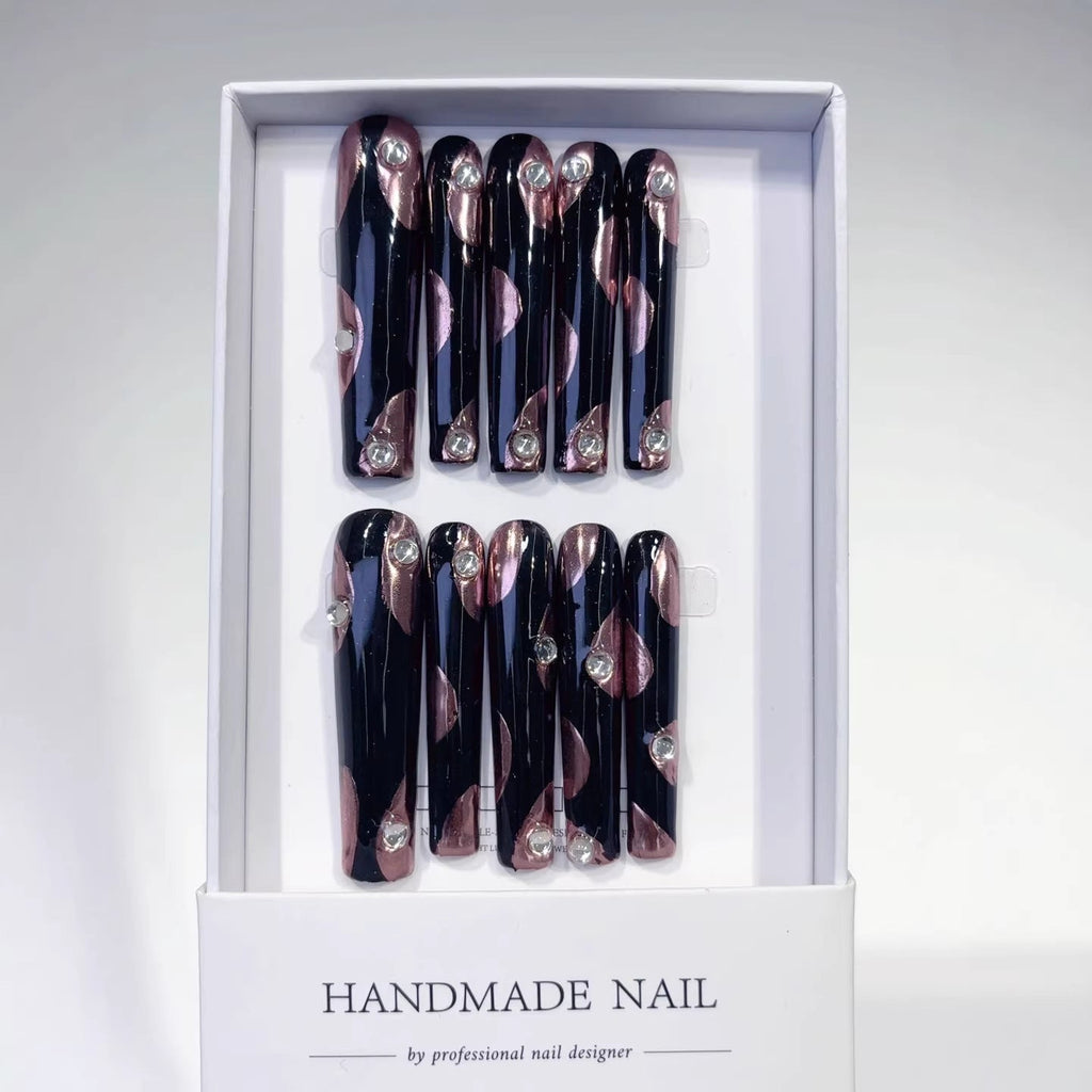 Midnight Rose Glam Extra Long Square Black Pink Rhinestone Press-On Nails