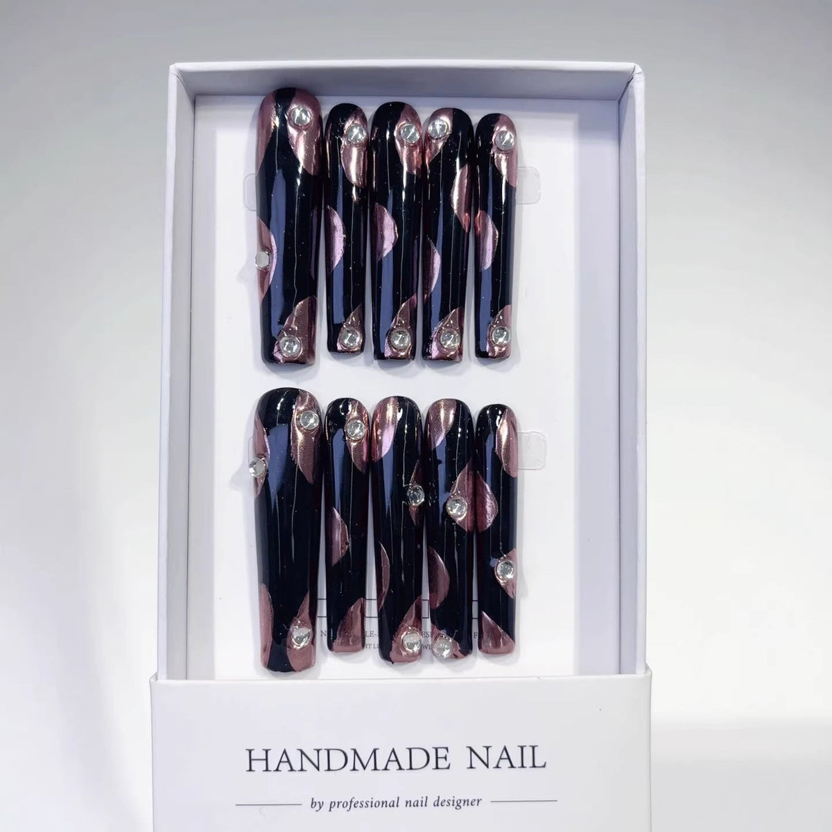 Midnight Rose Glam Extra Long Square Black Pink Rhinestone Press-On Nails