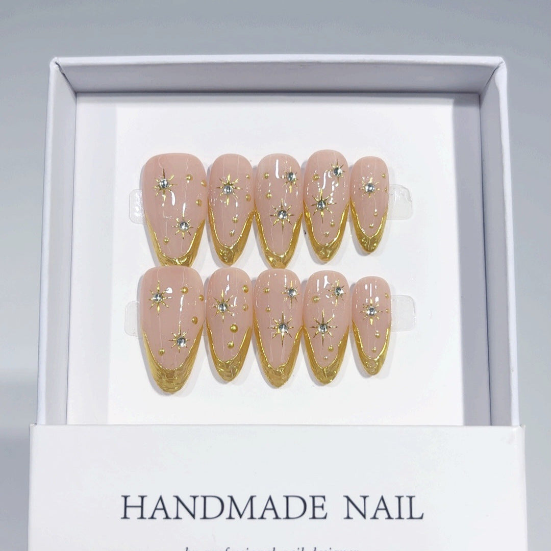 Celestial Gold: "Starry French Glow" – Almond Shape Handmade Press-Ons