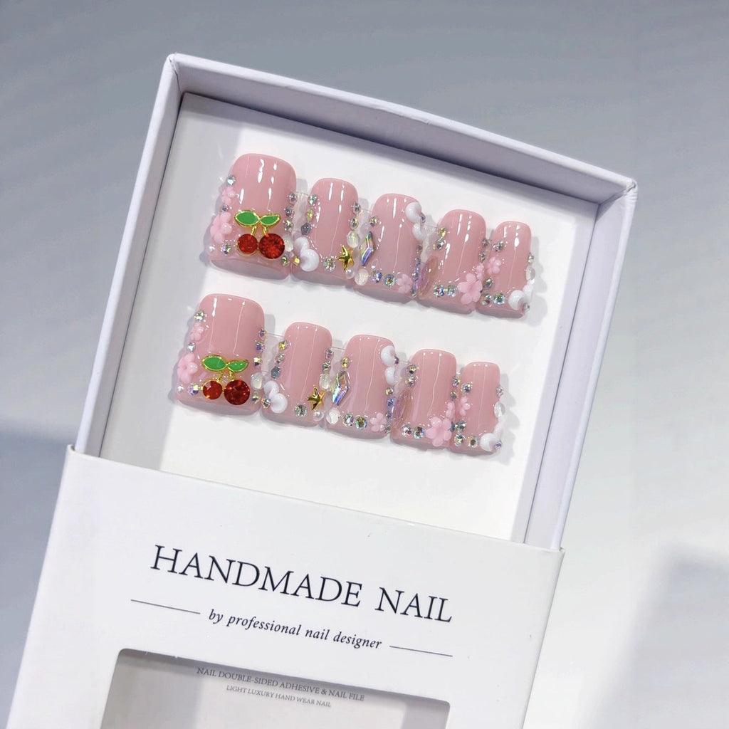 Cherry Sweet: "Sparkle Cherry Cloud" – Square Press-On Nails
