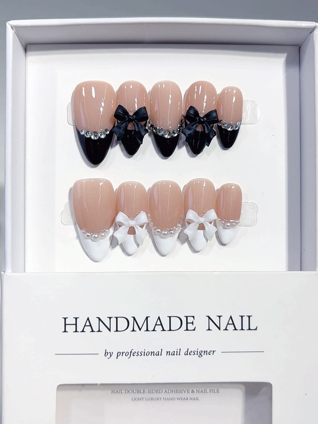 Classic Bow: "Black & White French" – Almond Press-On Nails