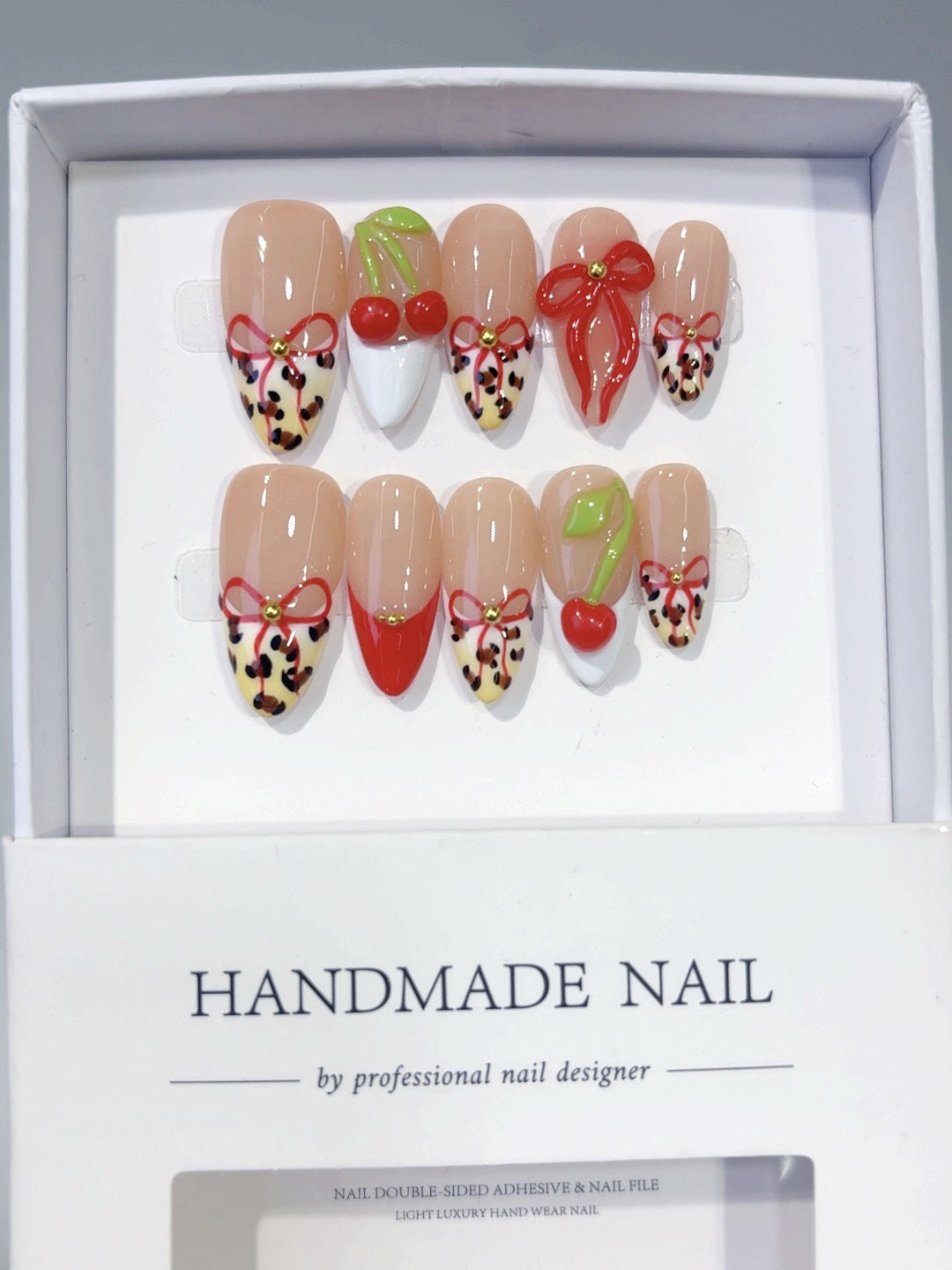 Sweet Cherry: "Leopard Cherry Bow" – Almond Shape Handmade Press-On Nails