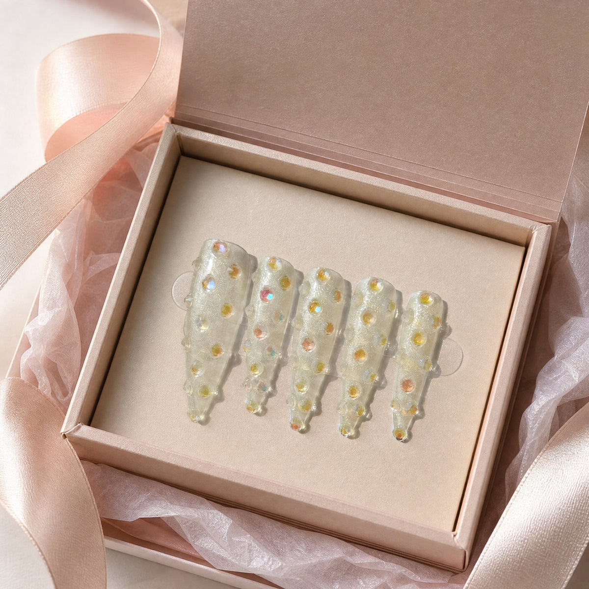 Champagne Jelly Studded Press On Nails – Iridescent Cream Stiletto
