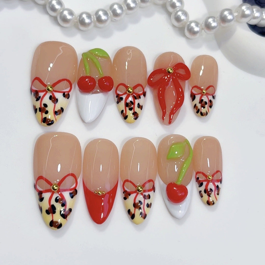 Sweet Cherry: "Leopard Cherry Bow" – Almond Shape Handmade Press-On Nails