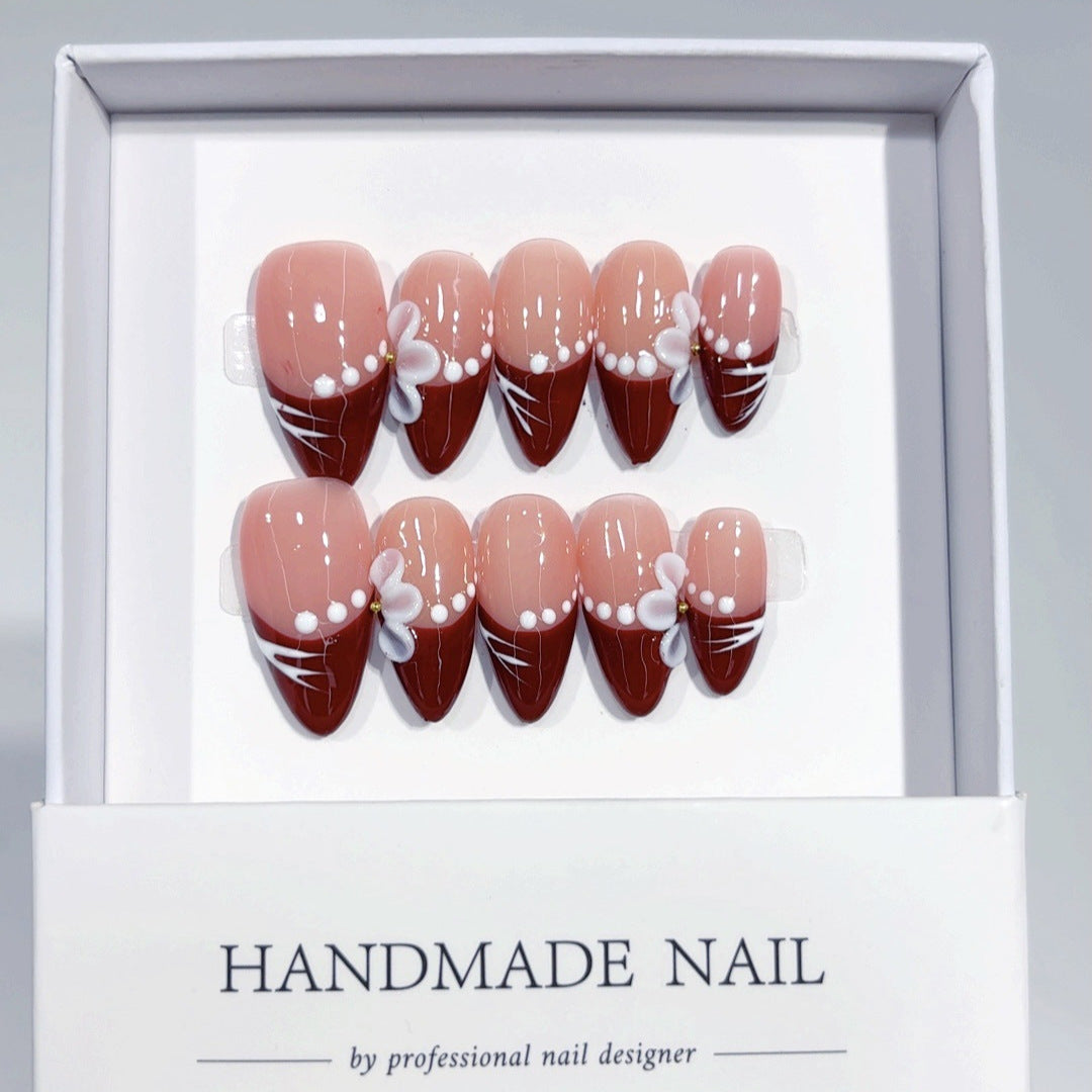 Crimson Whisper: "Burgundy Bloom" – Almond Shape Press-On Nails