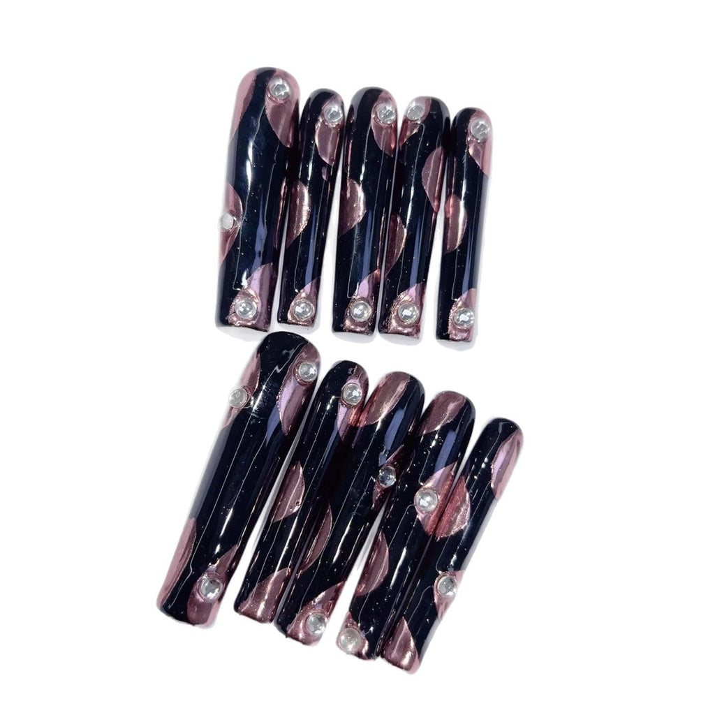 Midnight Rose Glam Extra Long Square Black Pink Rhinestone Press-On Nails