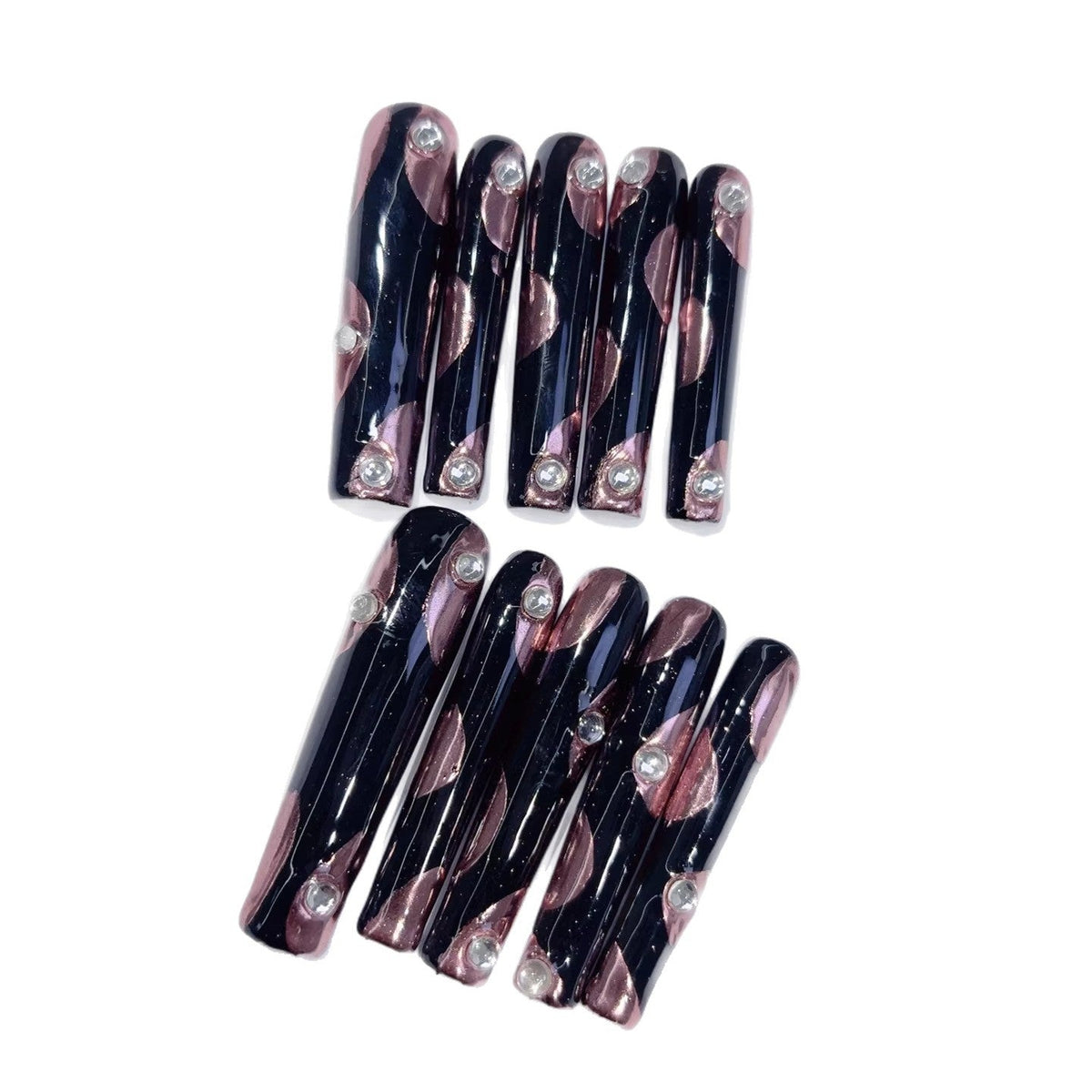 Midnight Rose Glam Extra Long Square Black Pink Rhinestone Press-On Nails