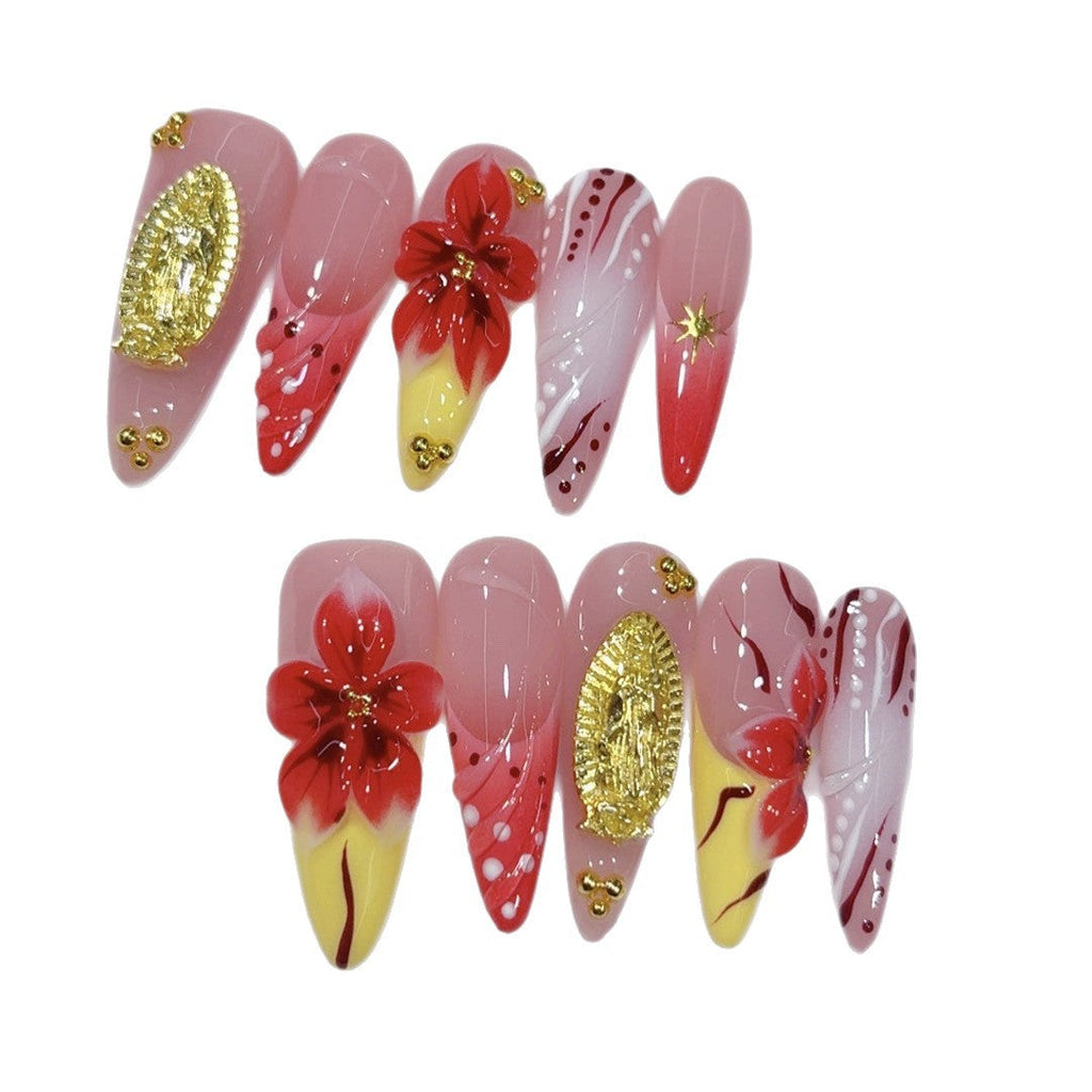 Crimson Gold: "Scarlet Bloom Opulence" – Almond Shape Handmade Press-Ons