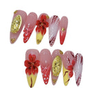 Crimson Gold: "Scarlet Bloom Opulence" – Almond Shape Handmade Press-Ons