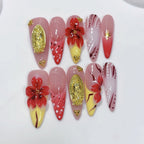 Crimson Gold: "Scarlet Bloom Opulence" – Almond Shape Handmade Press-Ons