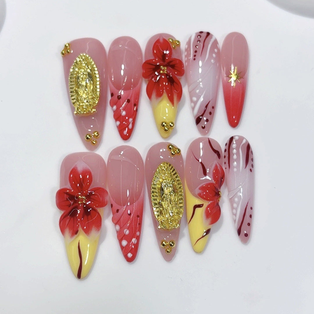 Crimson Gold: "Scarlet Bloom Opulence" – Almond Shape Handmade Press-Ons